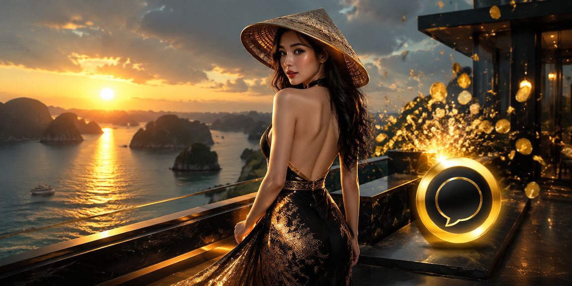 Khung cảnh giải trí trực tuyến tại Vịnh Hạ Long với hình ảnh nón lá truyền thống Việt Nam