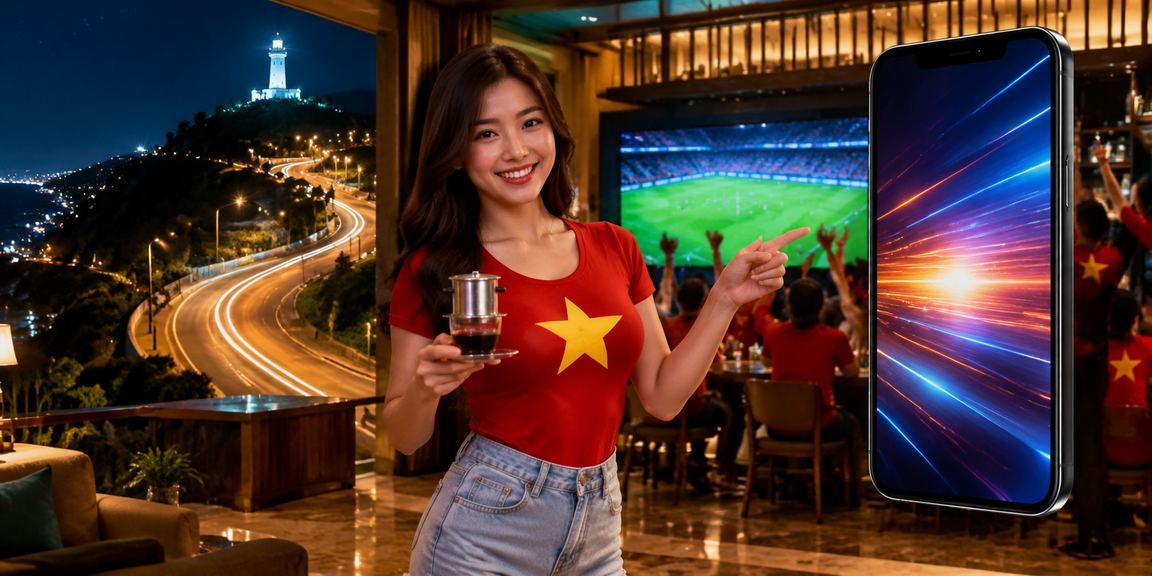 Người dùng tại Vũng Tàu truy cập casino di động xsdt trong quán cà phê bên bờ biển